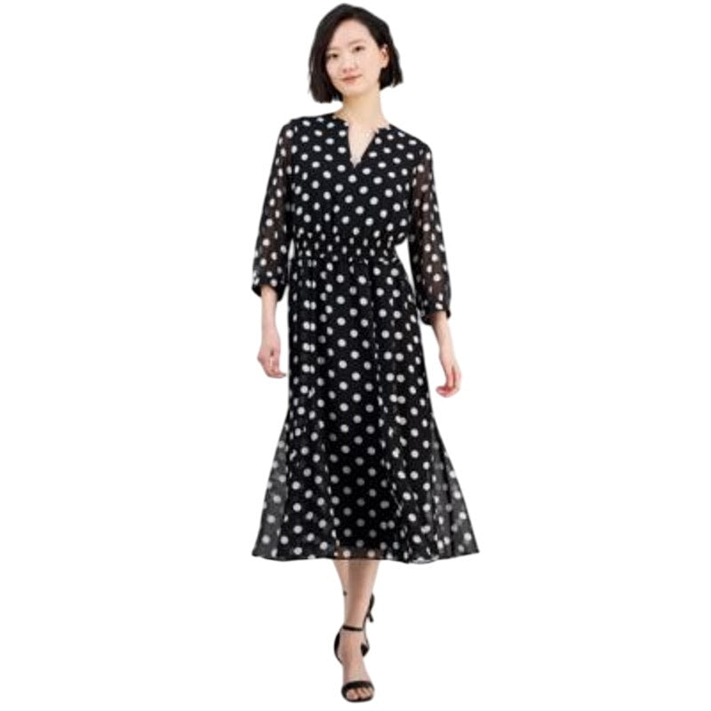 Anne Klein Women's Polka Dot Tie-Strap Midi Dress in Black & White