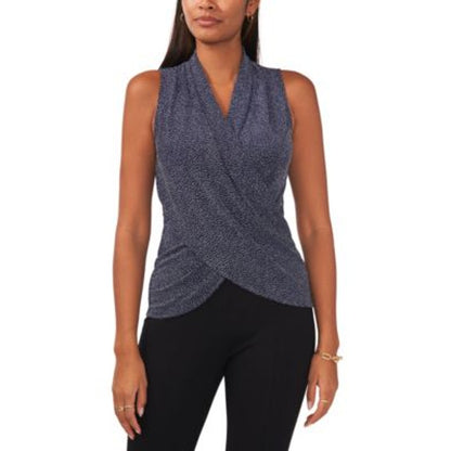 MSK Women's Sleeveless Crossover Front Glitter Blouse in Navy Blue & Silver