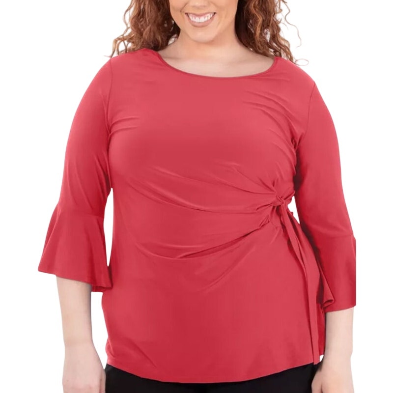 NY Collection Women's Plus Size Bell-Sleeve Side-Tie Tunic Top in Cayenne Pink