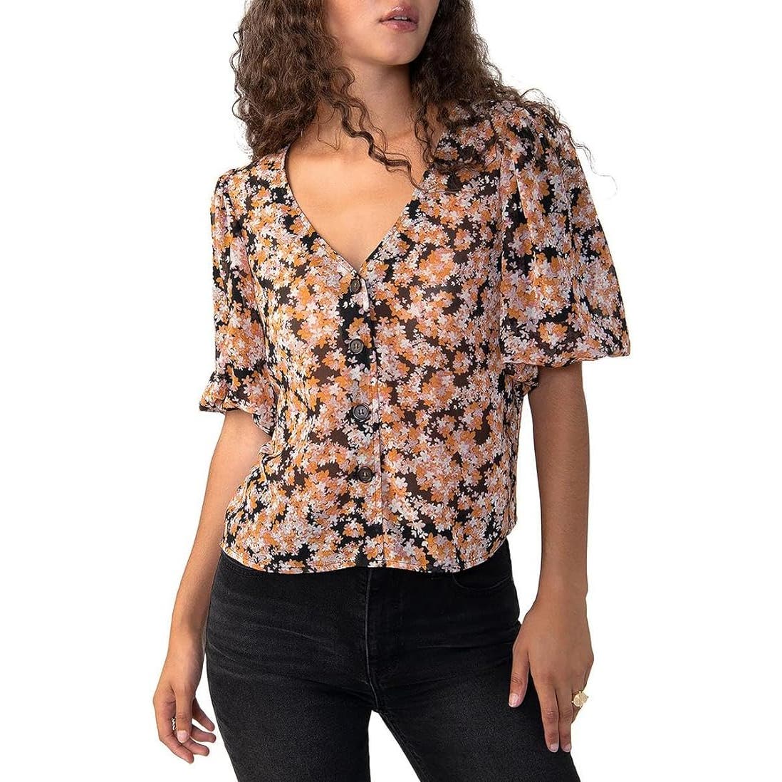 Sanctuary Floral Print Puff Sleeve Button-Up Shirt In Harvest, Size XS