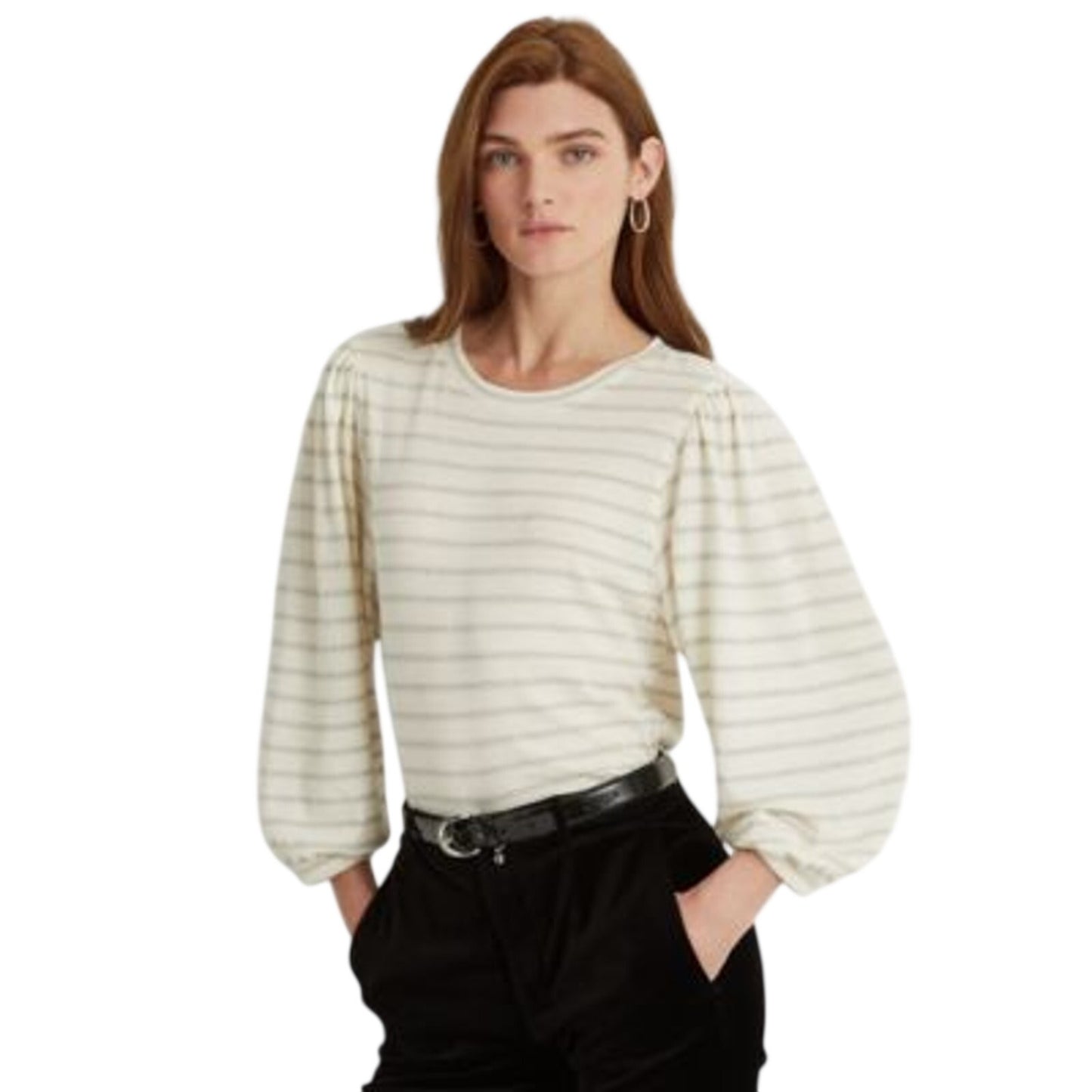 Lauren Ralph Lauren Women's Cream Metallic Stripe Flow Sleeve "Lurex" Blouse