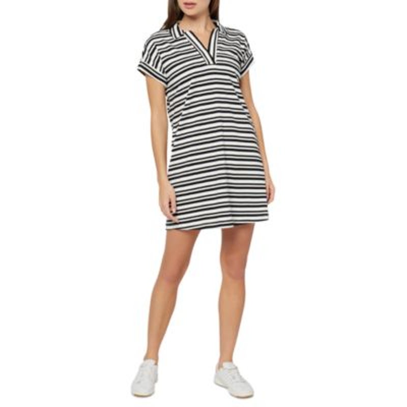 Three Dots Women's Koda Cotton Collared Midi Dress in Black Beauty Stripes
