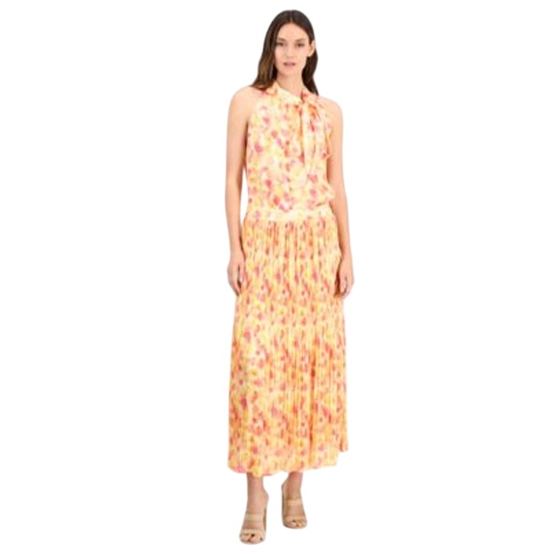 HUGO BOSS Women's Printed Pleated Maxi Skirt in Yellow Pink Floral