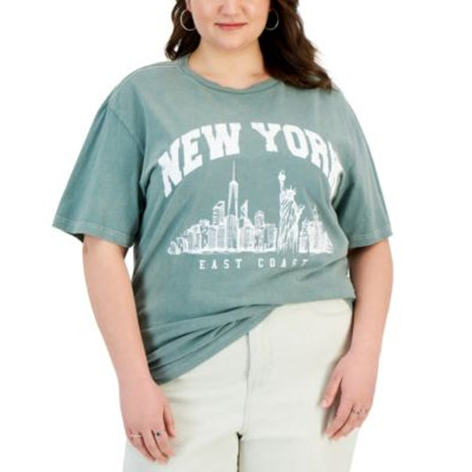 Rebellious One Juniors Trendy Plus Size Lily Pad Green "New York" Graphic Tee 2X