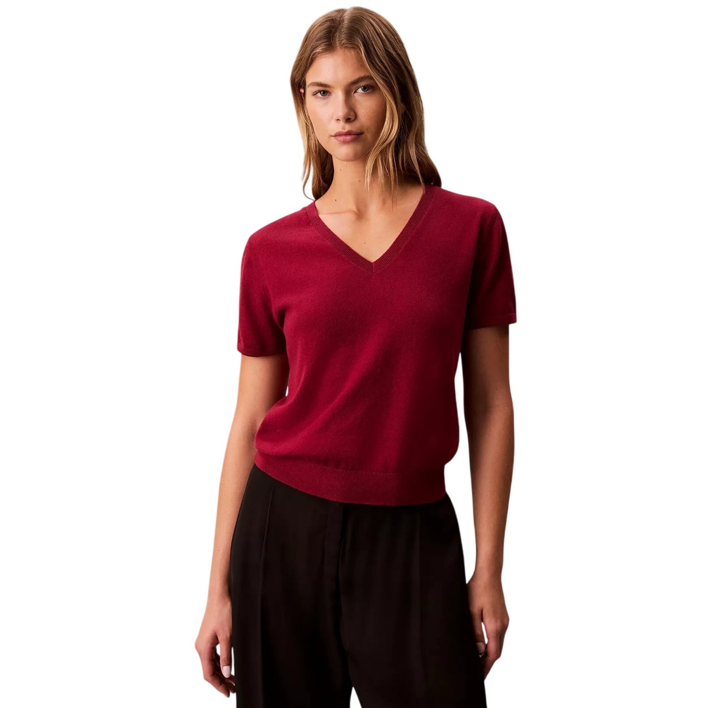 Calvin Klein Women's Short Sleeve V-Neck Sweater In Magenta Jewell