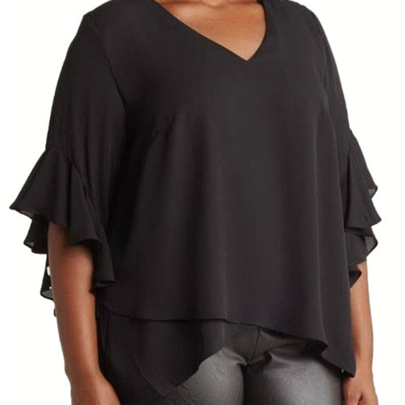 Vince Camuto Women's Black V-Neck Blouse w/ Ruffle Sleeves, Size Extra Small
