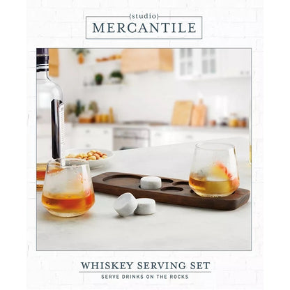 Studio Mercantile Whiskey Serving Tray Glass and Chilling Stone Set