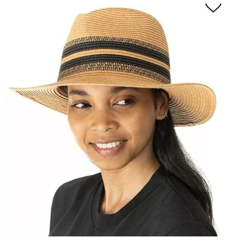 INC International Concepts Ladies Tan & Black Band Packable Sun Hat, OS