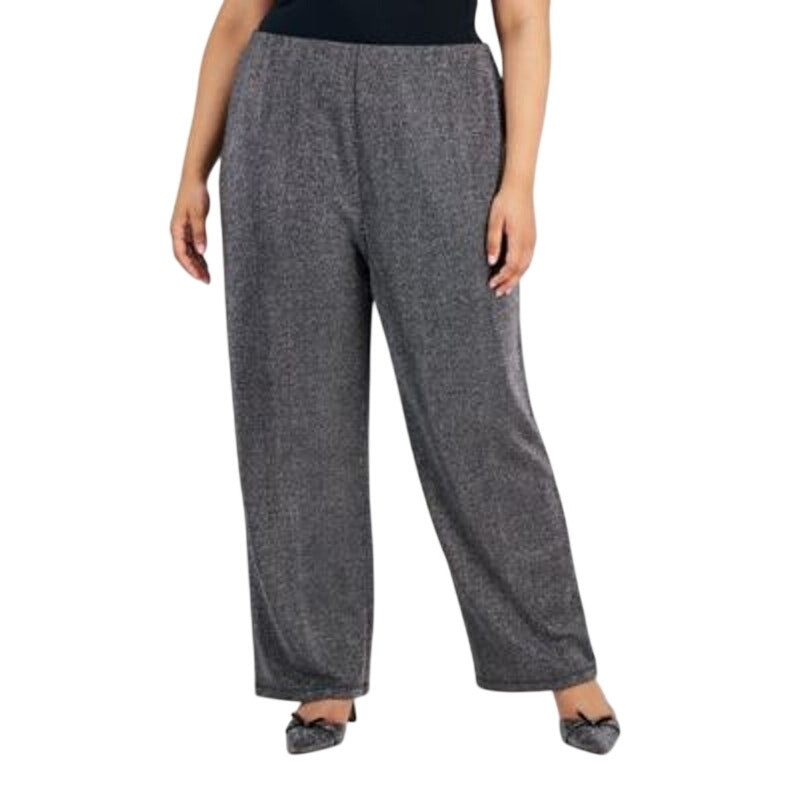 JM Collection Women's Plus Size Pull-On Metallic Pants in Deep Black