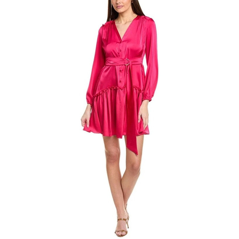 Taylor Women's Ruffled-Hem Tie-Waist Fit & Flare Dress in Bright Rose Pink