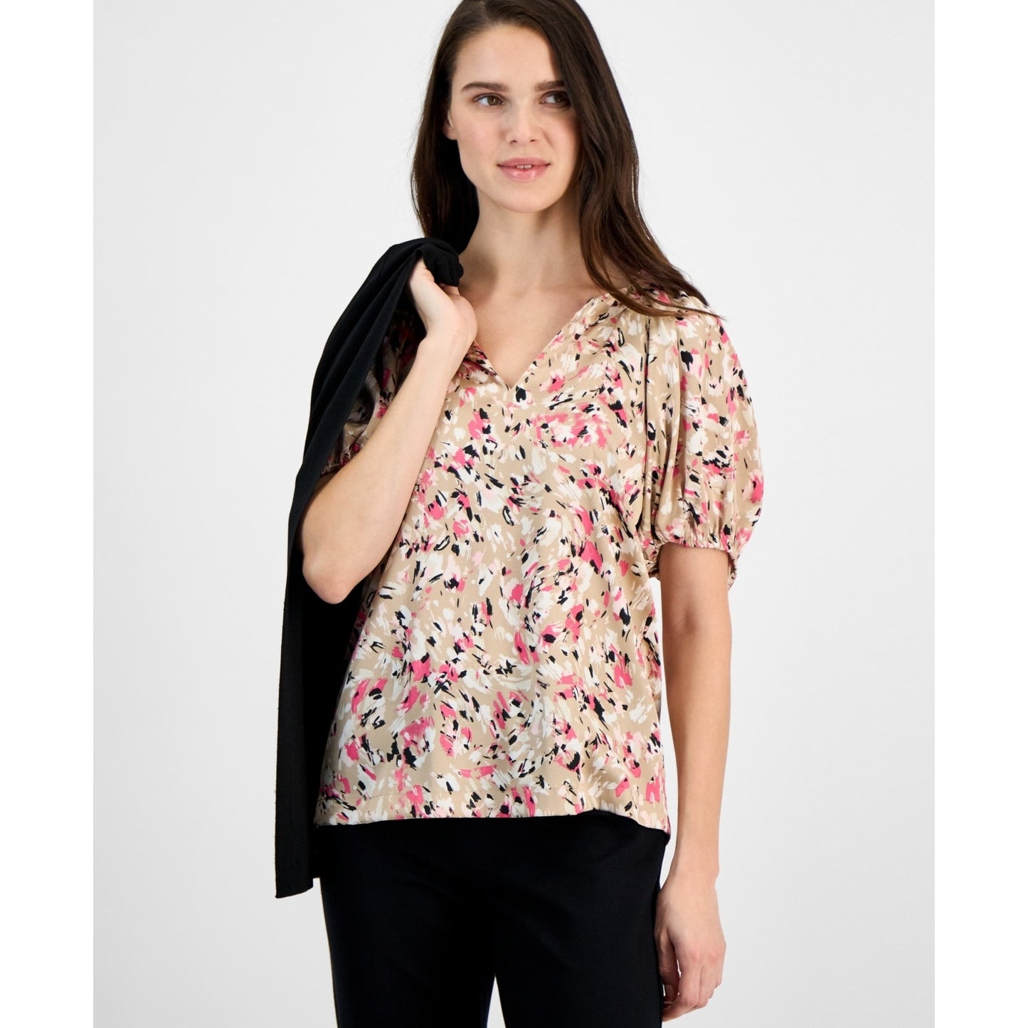 Anne Klein Women's Balloon-Sleeve Split-Neck Top in Latte Multi