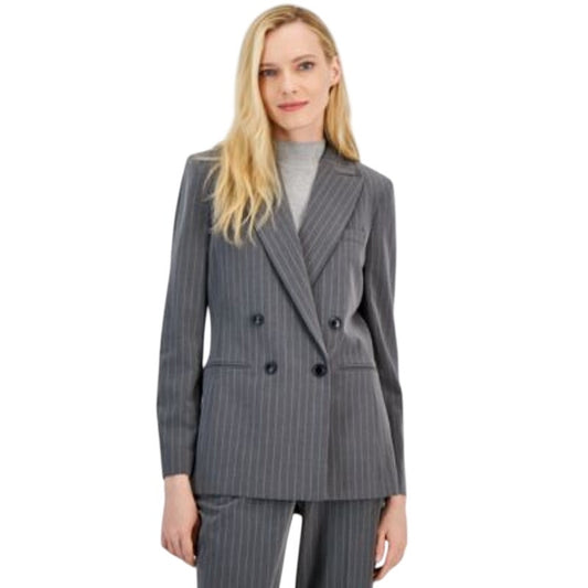 Tahari ASL Women's Pinstripe Double-Breasted Blazer Jacket in Gray Ivory