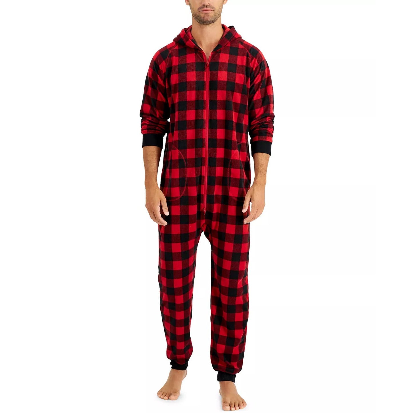 Family Pajamas Men's Bodysuit, Red Buffalo Check, Hooded