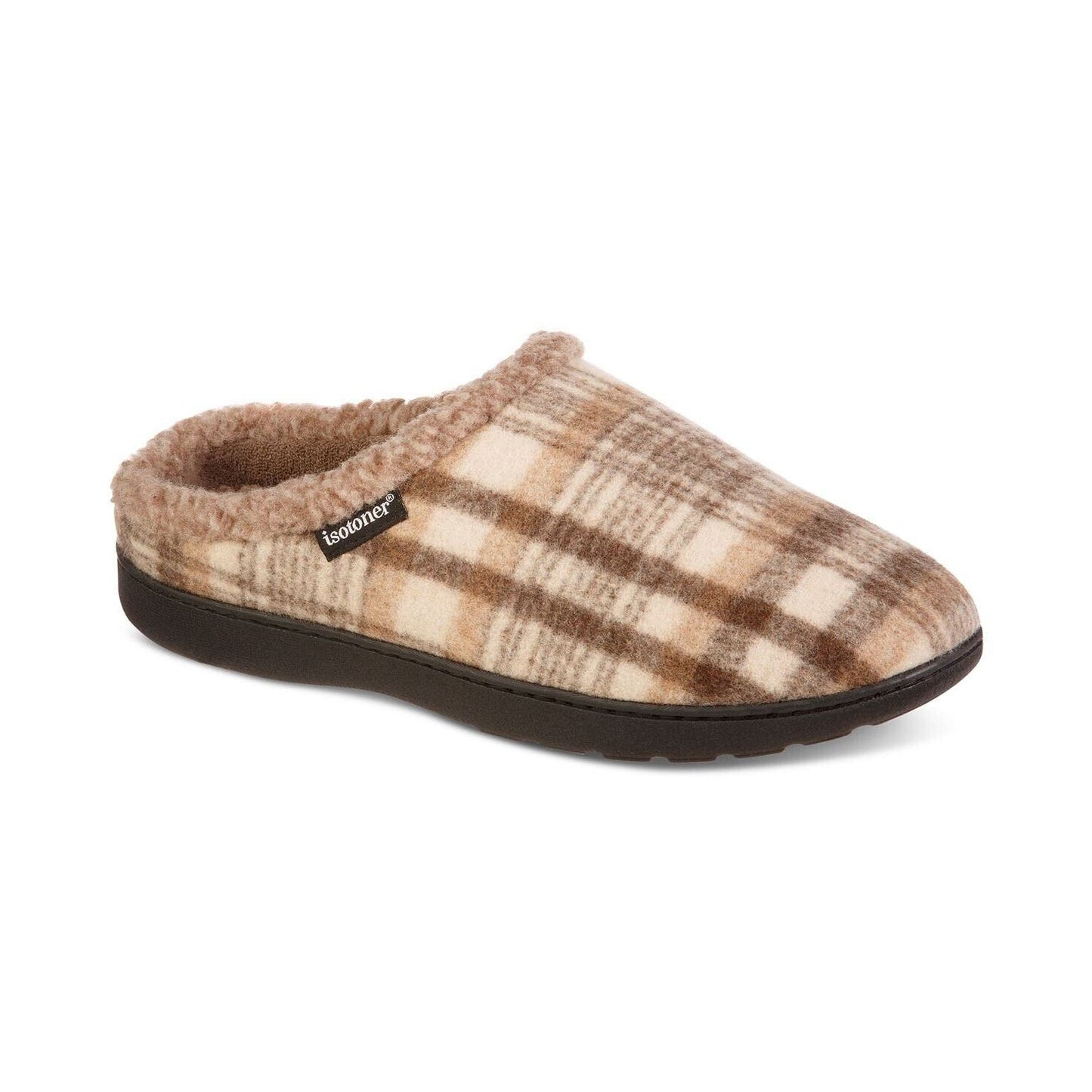 ISOTONER Men's Plaid Hoodback Slippers in Khaki Plaid, Size Large 9.5-10.5