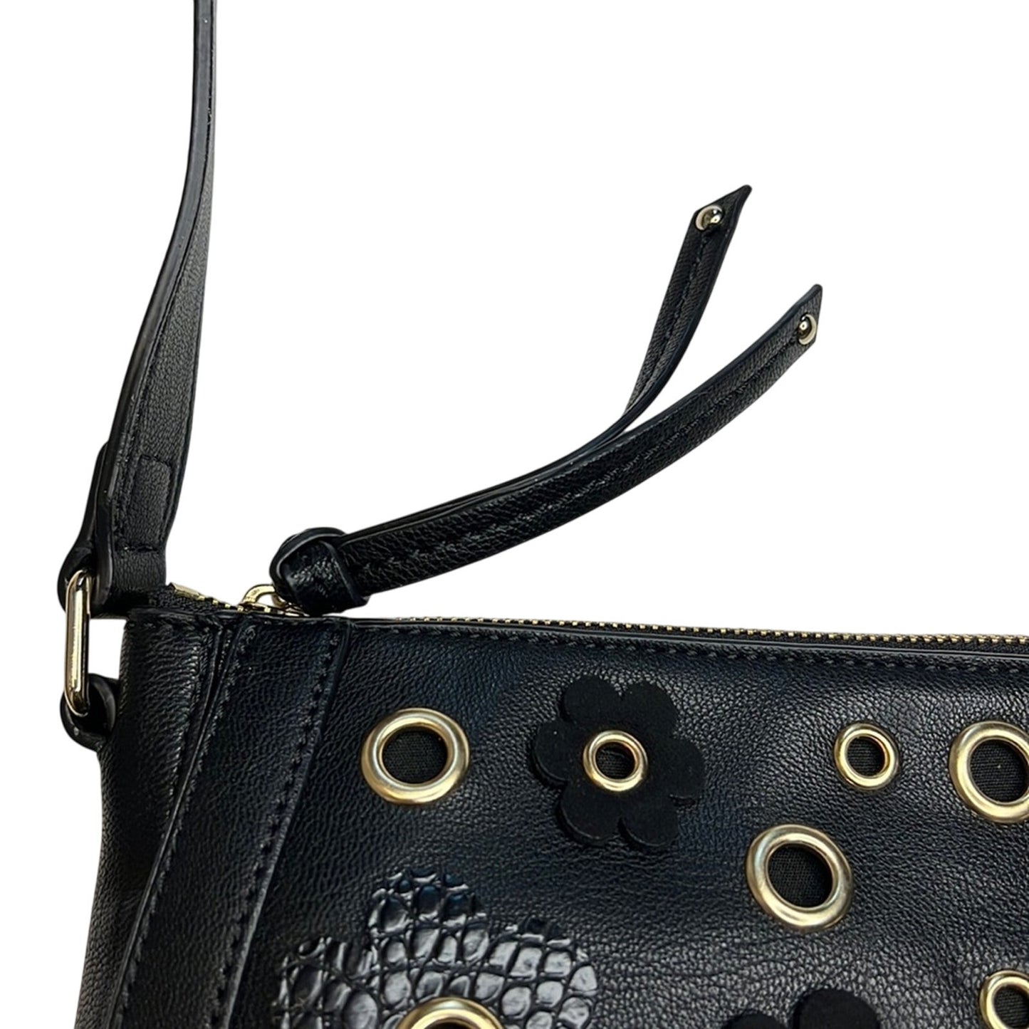 Nine West Black Leather Floral “Evelina” Saddle Bag, Gold Eyelet Details, NWT!