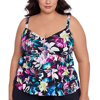 Swim Solutions Plus Size Floral-Print Tiered Tankini Top In Dark Lotus