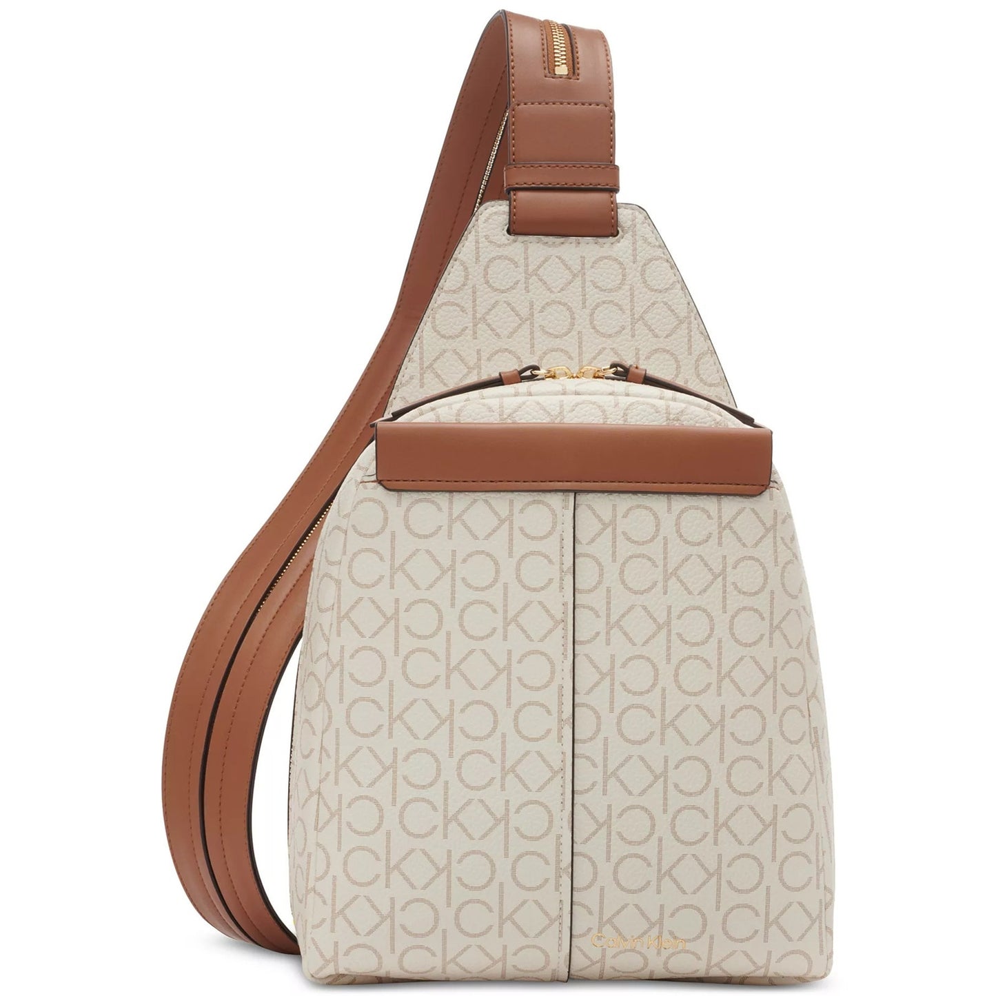 Calvin Klein Millie Signature Convertible Sling Backpack In Vanilla Khaki/Caramel