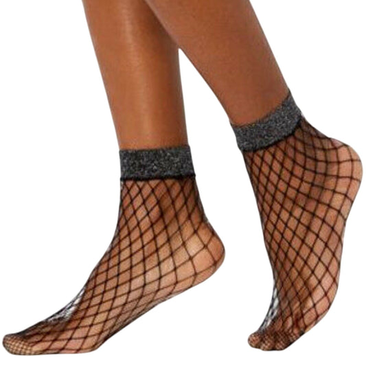 INC International Concepts Ladies Fishnet Socks, Black/Metallic, 2 Pack