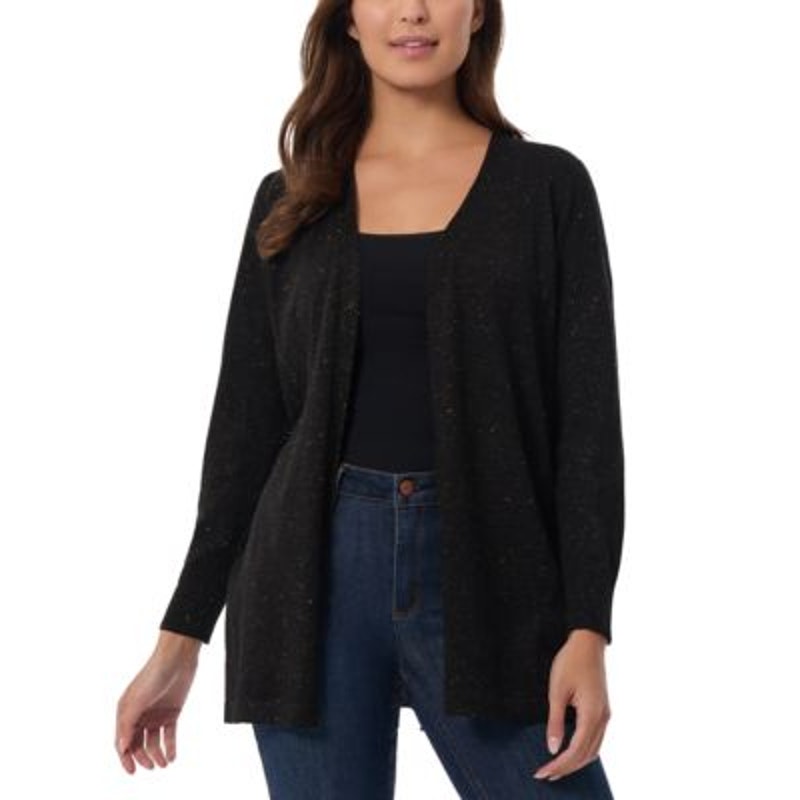 Jones New York Glitter Kissing-Front Open Cardigan in Black Metallic Gold