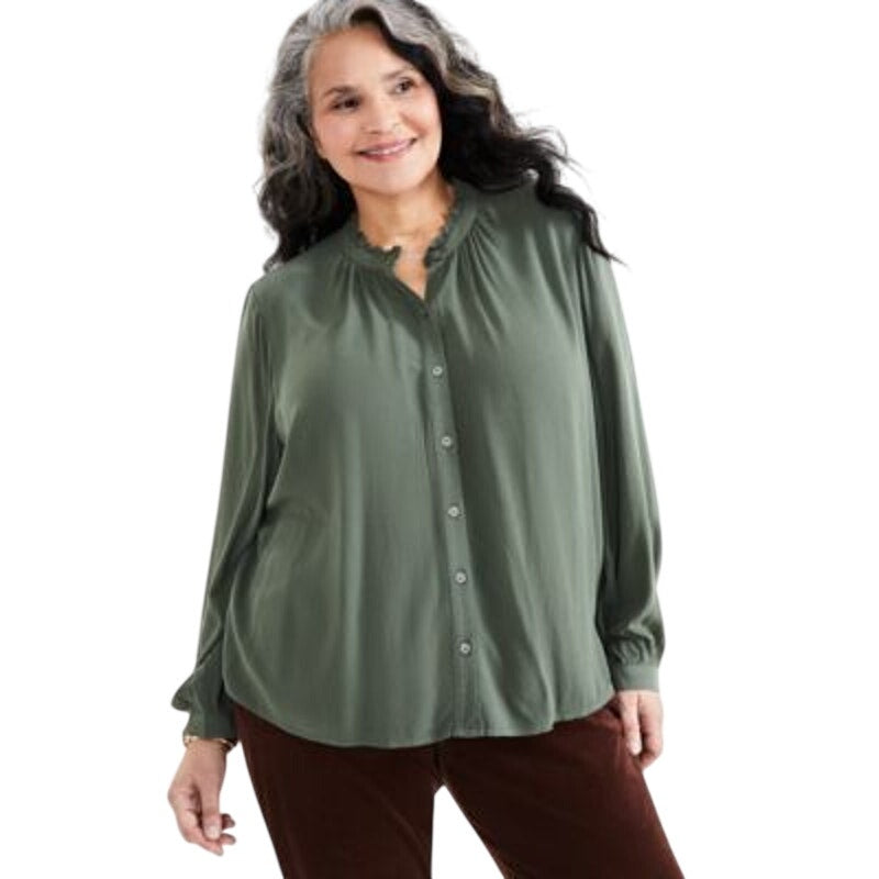 Style & Co. Plus Size Pleated Mandarin-Collar Blouse in Palmetto Green
