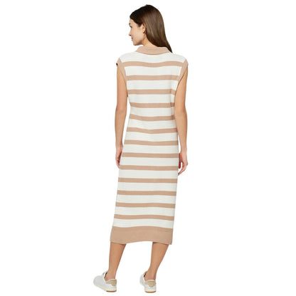 Three Dots Women's Mackenzie Duster Knit Sweater Dress in Light Beige Stripe