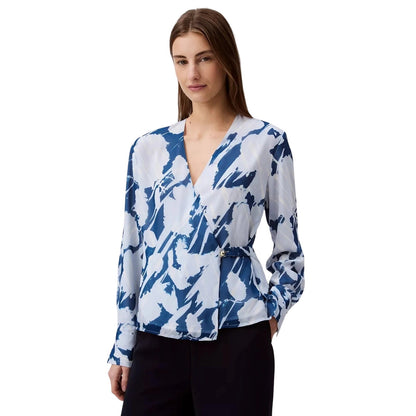 Calvin Klein Women's Floral Chiffon V-Neck Top in Poseidon Blue