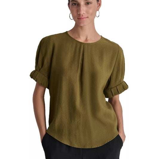 DKNY Women's Puff-Sleeve Pleated Top in Dark Olive Green