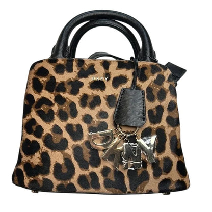 DKNY Brown & Black Leopard Print Haircalf Satchel Bag, Gold Hardware, NWT