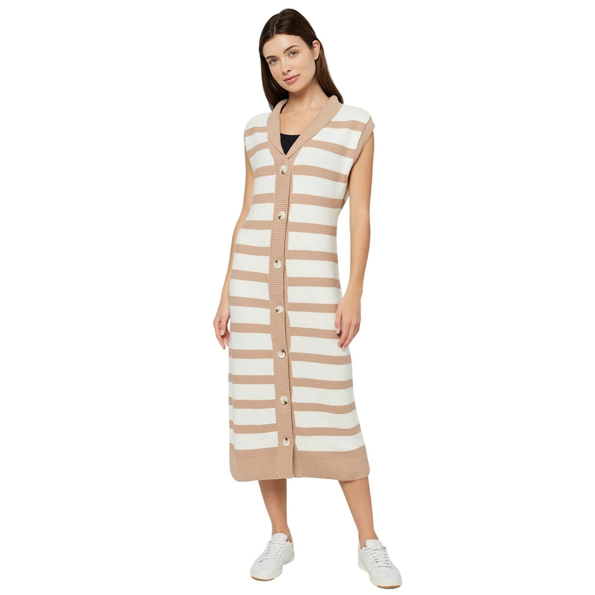 Three Dots Women's Mackenzie Duster Knit Sweater Dress in Light Beige Stripe