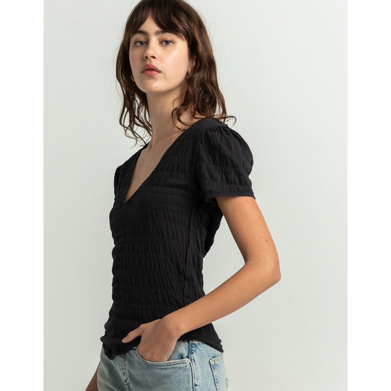 Free People Sugar Cube Ruched Tee Black, Size Small