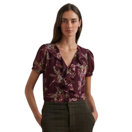 Lauren Ralph Lauren Women's Floral Georgette Puff-Sleeve Top in Burgundy Multi
