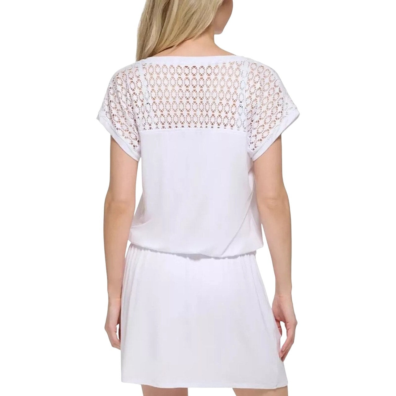 Calvin Klein Crochet-Shoulder Tunic Dress Cover Up In Soft White