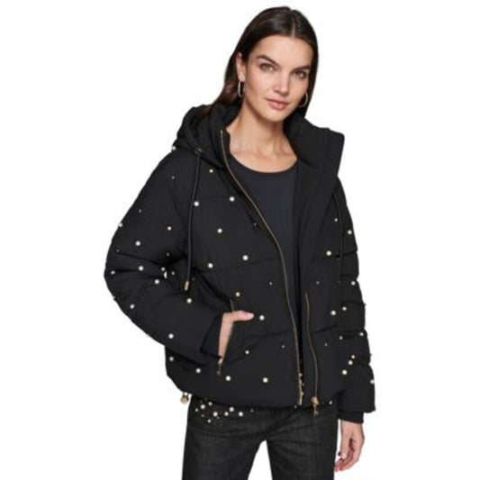 KARL LAGERFELD PARIS Women's Pearl Stud Hooded Puffer Jacket in Black