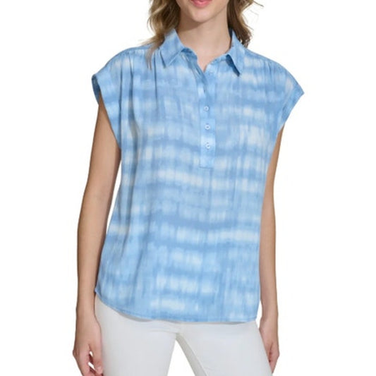 Calvin Klein Women's Short Sleeve Top in Printed Blue Bayou