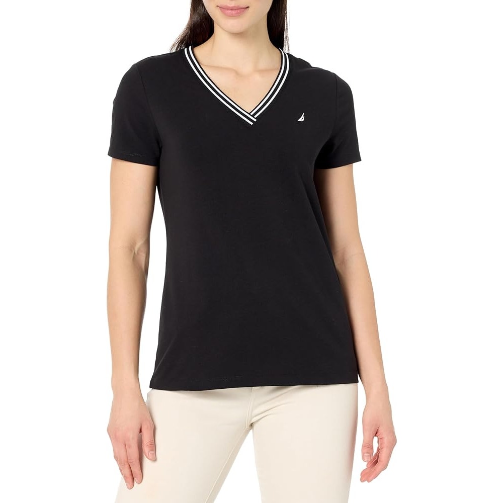 Nautica Jeans Women's Solid Stripe-Trim V-Neck Sweater in Black