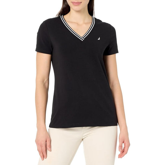 Nautica Jeans Women's Solid Stripe-Trim V-Neck Sweater in Black