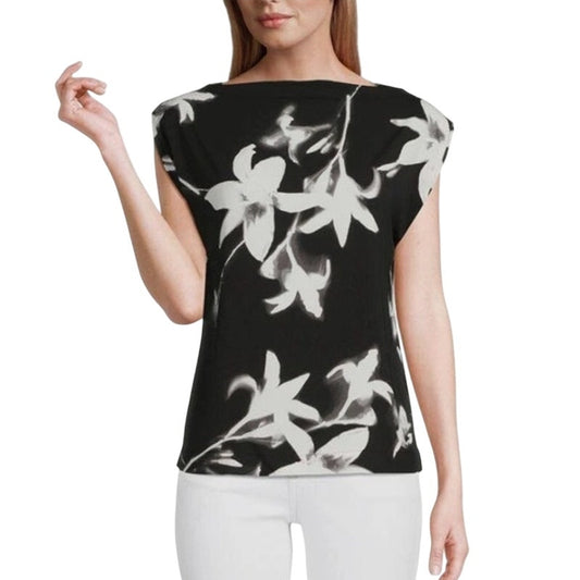 Calvin Klein Women's Floral Print Cap Sleeve Top in Black & White