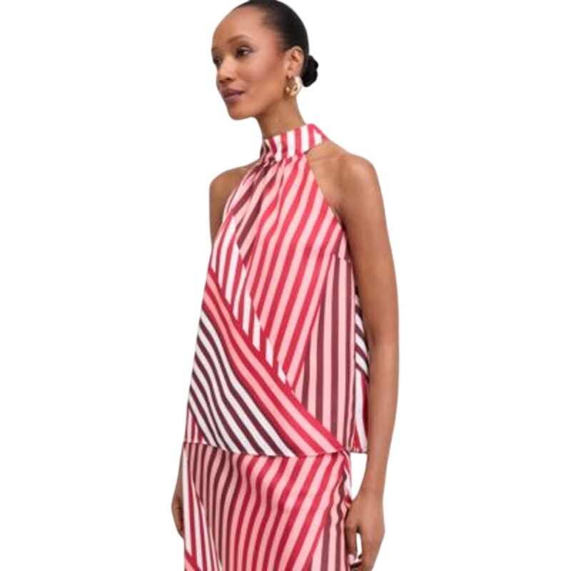 INC International Concepts Women's Mock-Neck Halter Top in Pink Tery Stripes