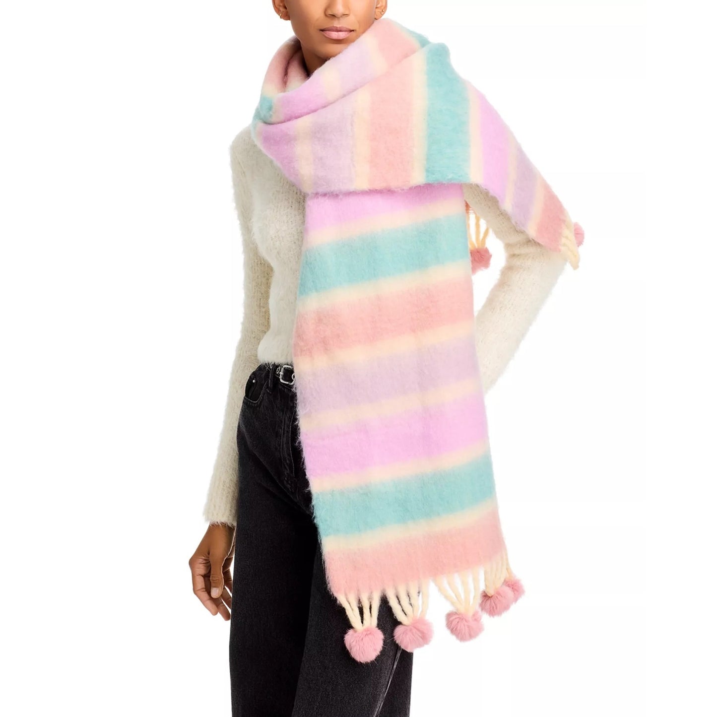 AQUA Pom Pom Tassel Scarf Pink Multi Stripe
