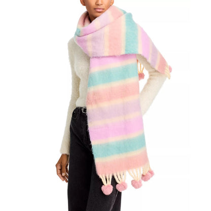 AQUA Pom Pom Tassel Scarf Pink Multi Stripe