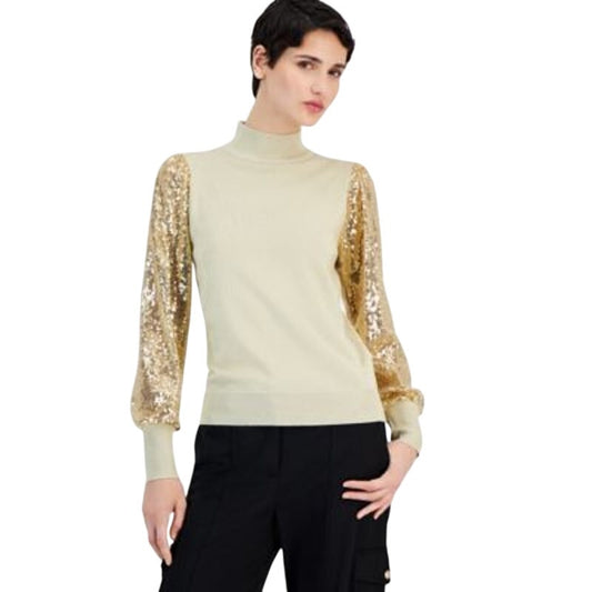 T Tahari Women's Mock-Neck Sheer Sequin Sleeve Sweater in Gold Lurex