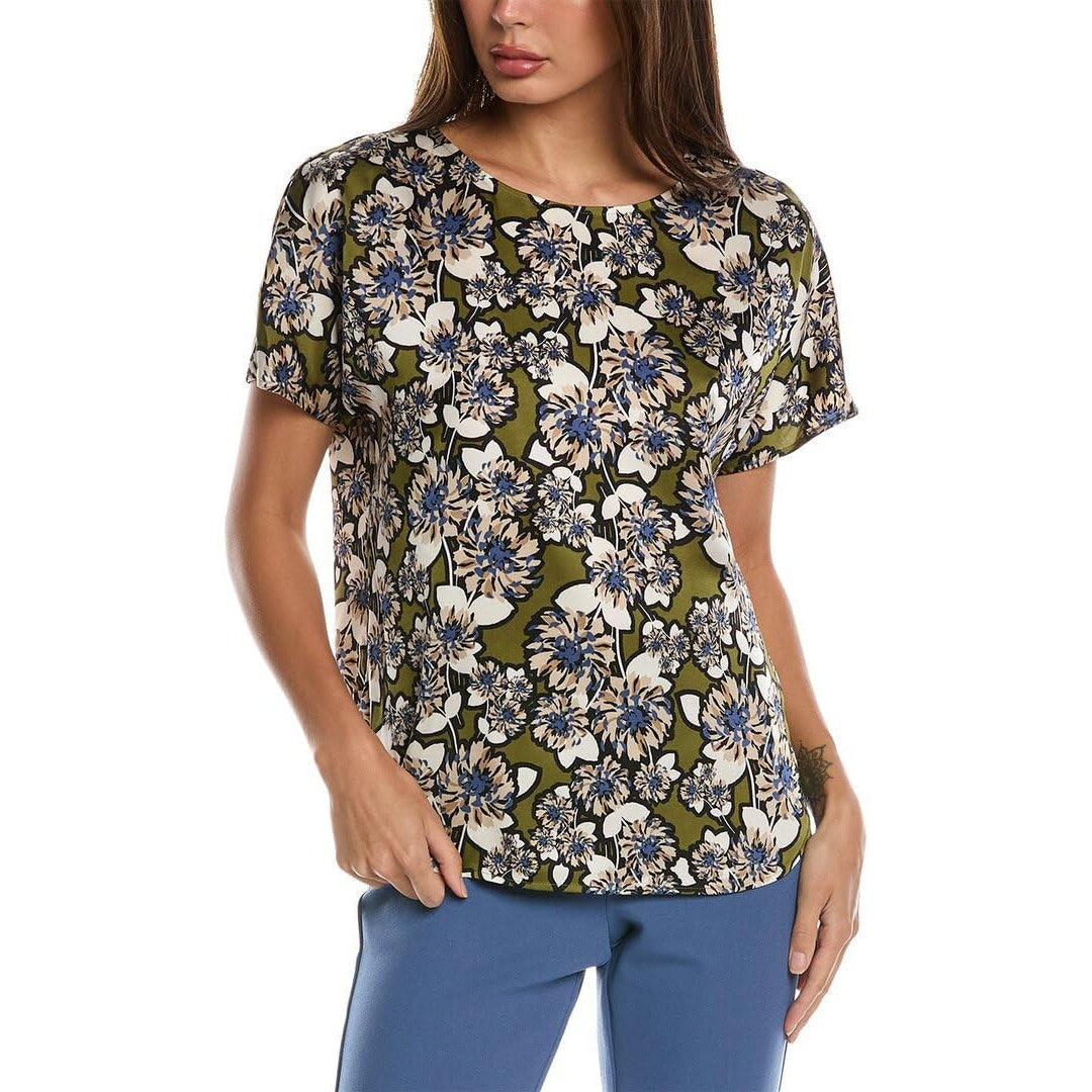 Anne Klein Women's Pull-On Floral Short-Sleeve Satin Top in Bay Leaf Green Print