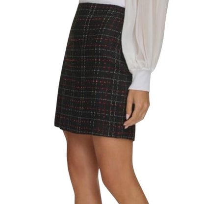 Calvin Klein Women's Tweed Plaid Print Pencil Skirt in Black & Red