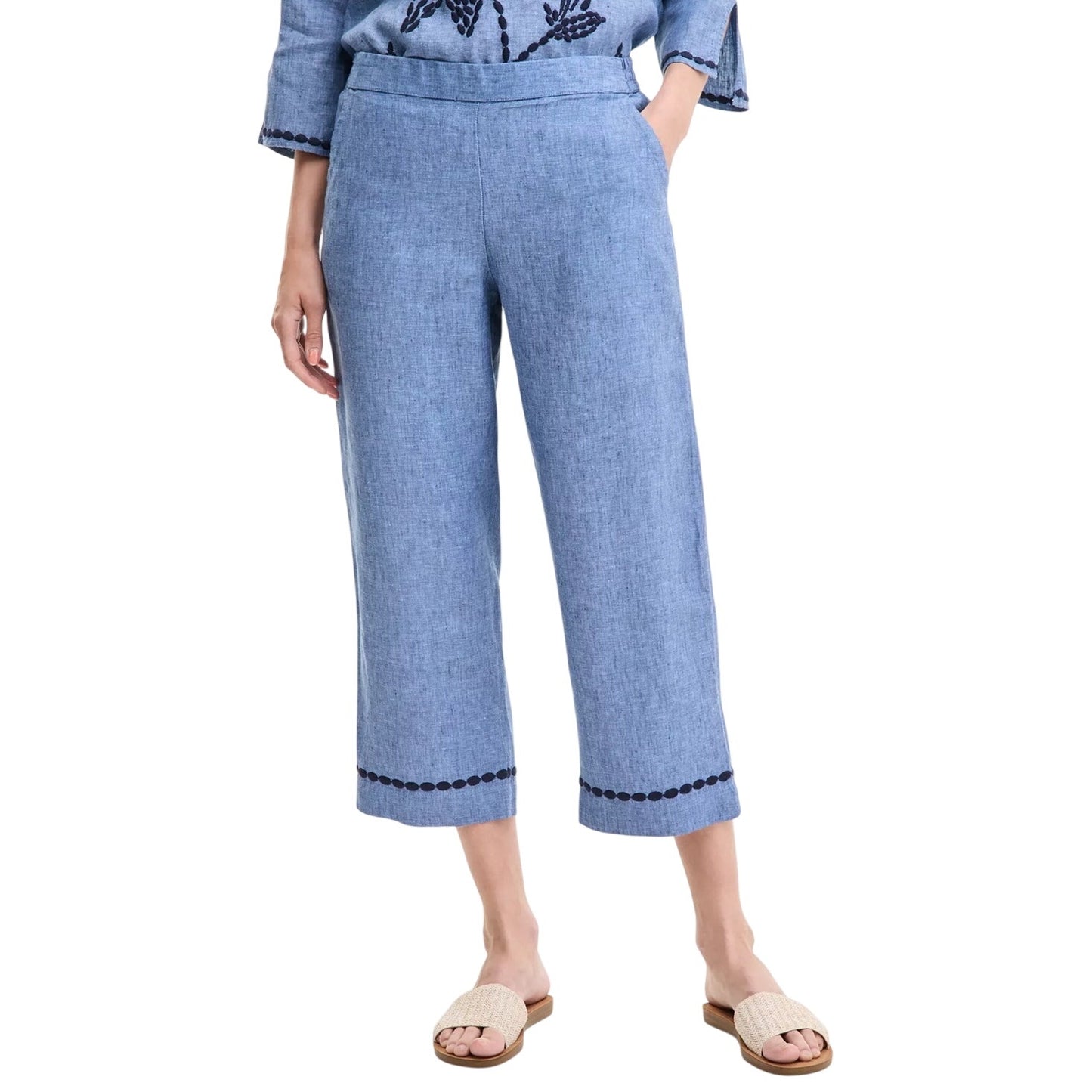 Charter Club Women's Embroidered-Cuff 100% Linen Cropped Pants in Blue Ocean
