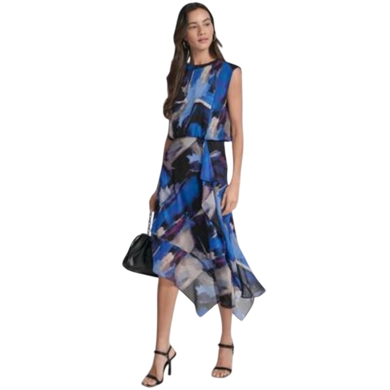 DKNY Women's Printed Blouson Asymmetrical Hem Midi Dress in Blue Brush Stroke