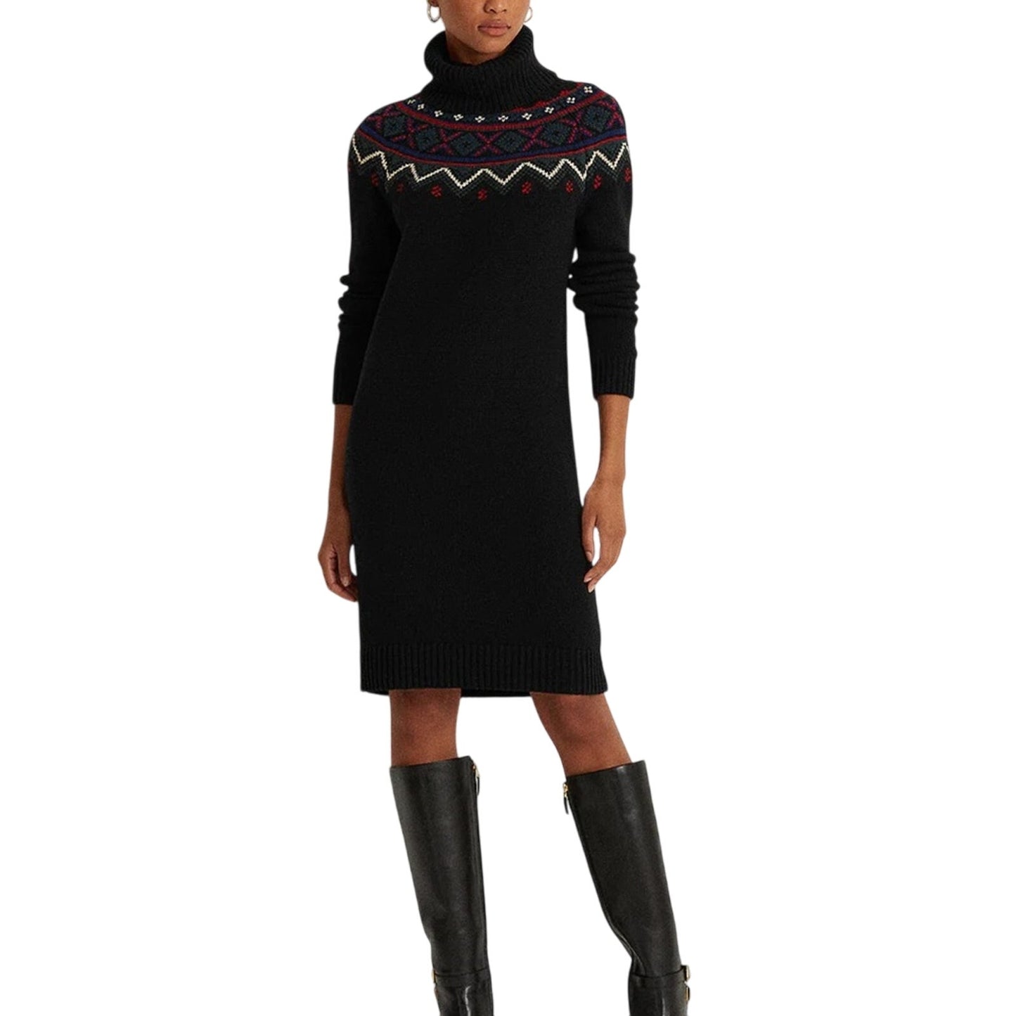 Lauren Ralph Lauren Black Knit Sweater Dress w/ Green, Red, & Blue Stitching