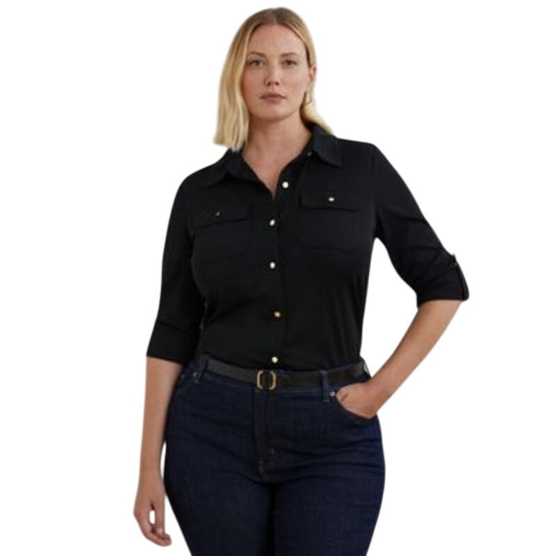 Lauren Ralph Lauren Women's Plus Size Roll-Tab Sleeve Button-Front Top in Black