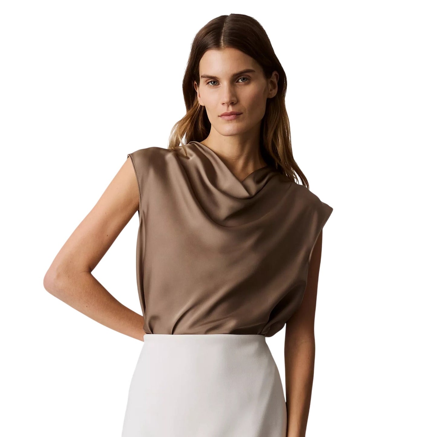 Calvin Klein Women's Cap-Sleeve Satin Cowlneck Blouse in Fossil Brown
