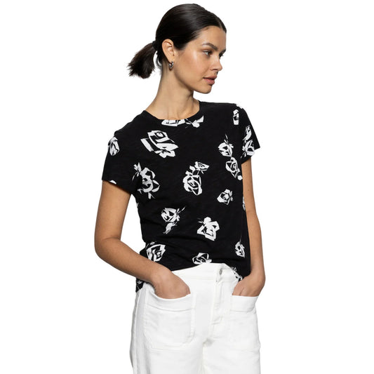 Sanctuary Women's "The Perfect Tee" in Black & White Floral Rose Pop Print, L