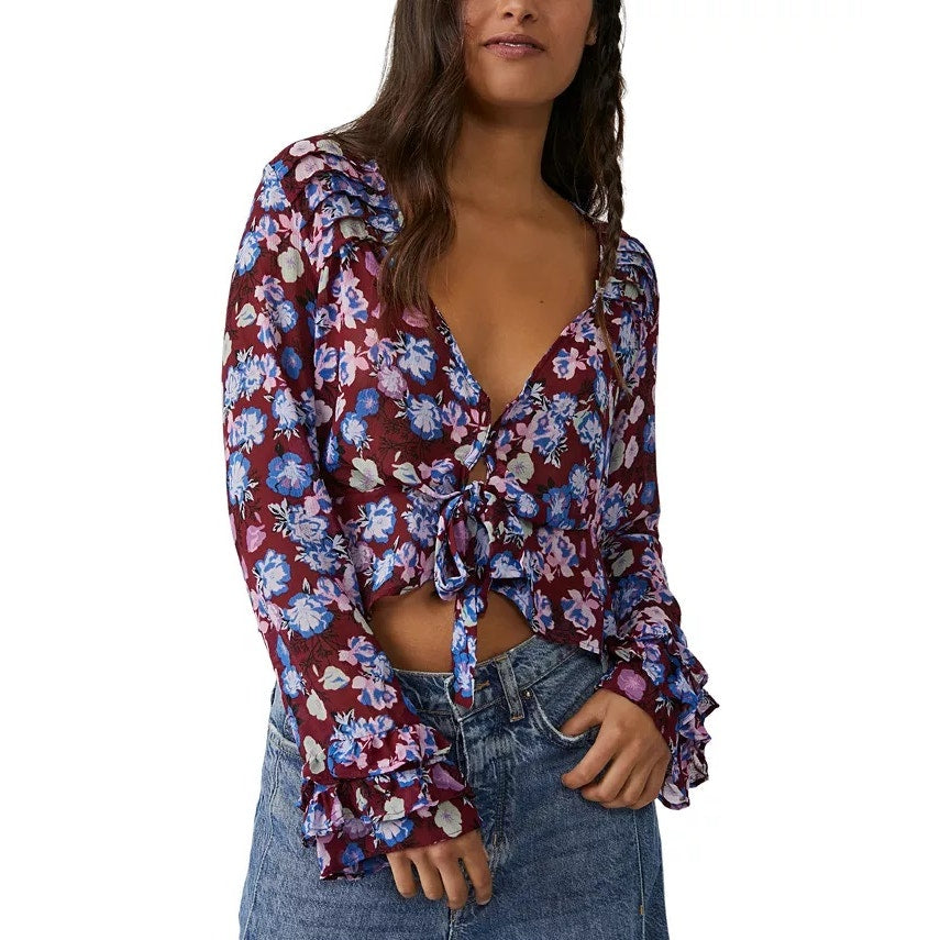 Free People Ladies Maybel Blouse In Shiraz Red & Blue Combo